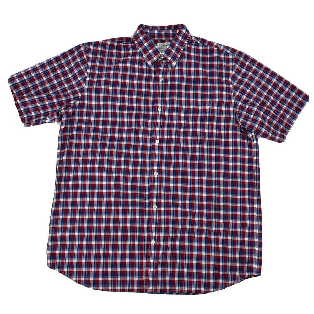 L.L. Bean Shirt Men's L-Reg Red White Blue Plaid Traditional Fit Short Sleeve - Picture 1 of 7